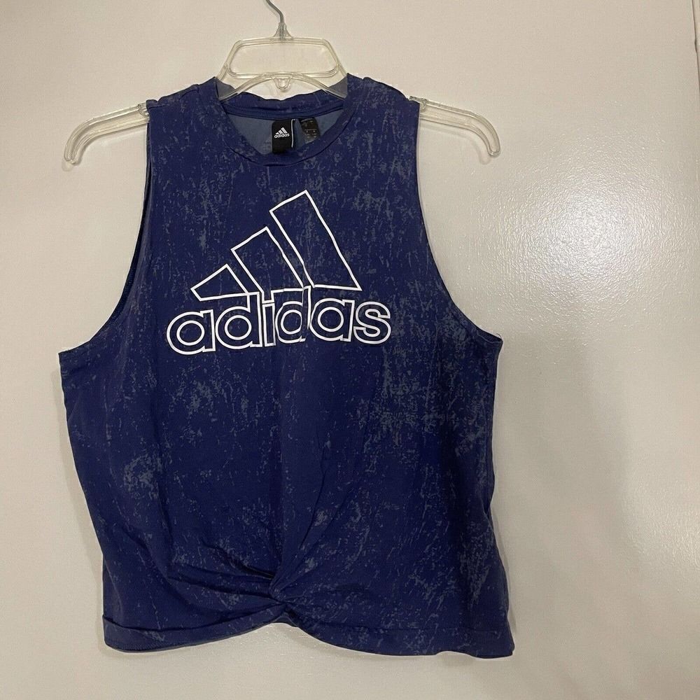 Adidas Blue marble log print cropped twist front tank top size Large
